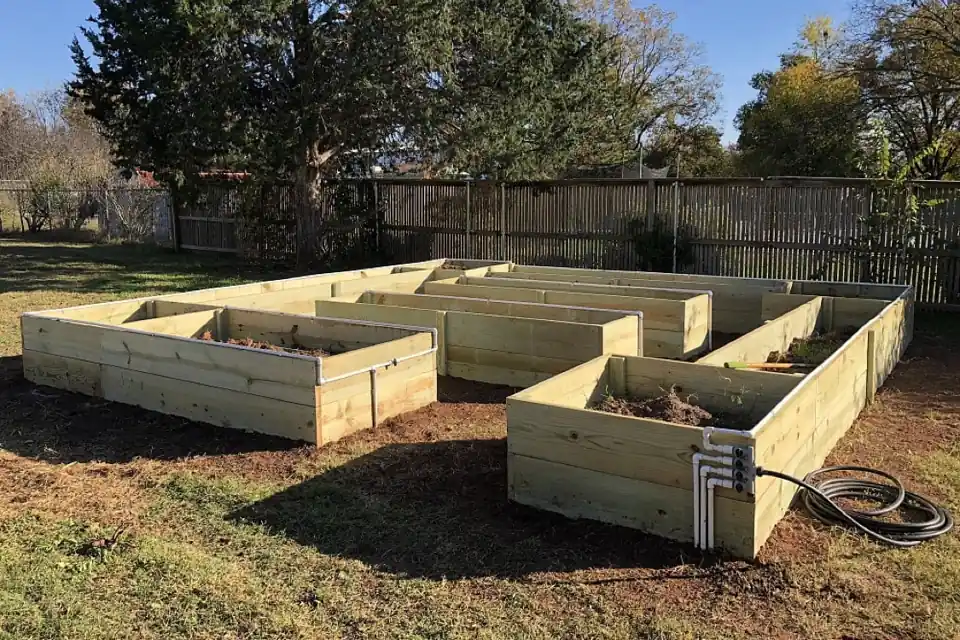 Raised garden beds with drip irrigation built by Jim Cox, JRI Services of Oklahoma City